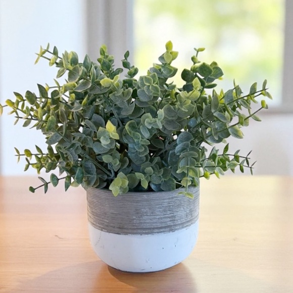 Other - Modern Gray and White Planter with eucalyptus like Greenery